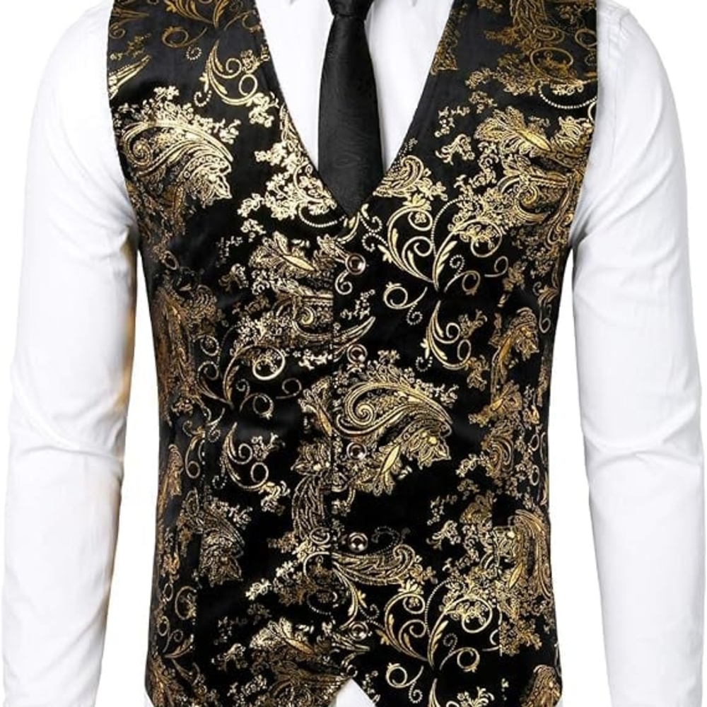 Mens Hipster Metallic Paisley PrintedElegant Black and Gold Paisley Vest